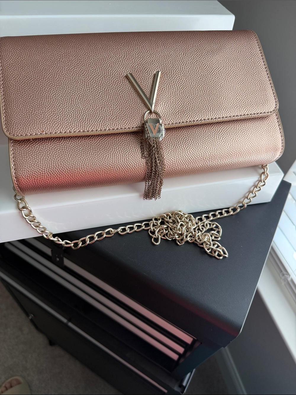 Mario Valentino Rose Gold Metallic Tassel Chain Shoulder Clutch